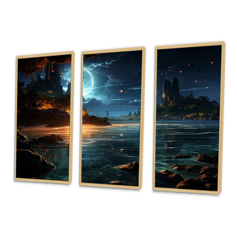 Mystic Tropical Beach Moonlight IV - Art mural plage, H 28 po x l 36 po x P 1 po, Cadre flottant brun