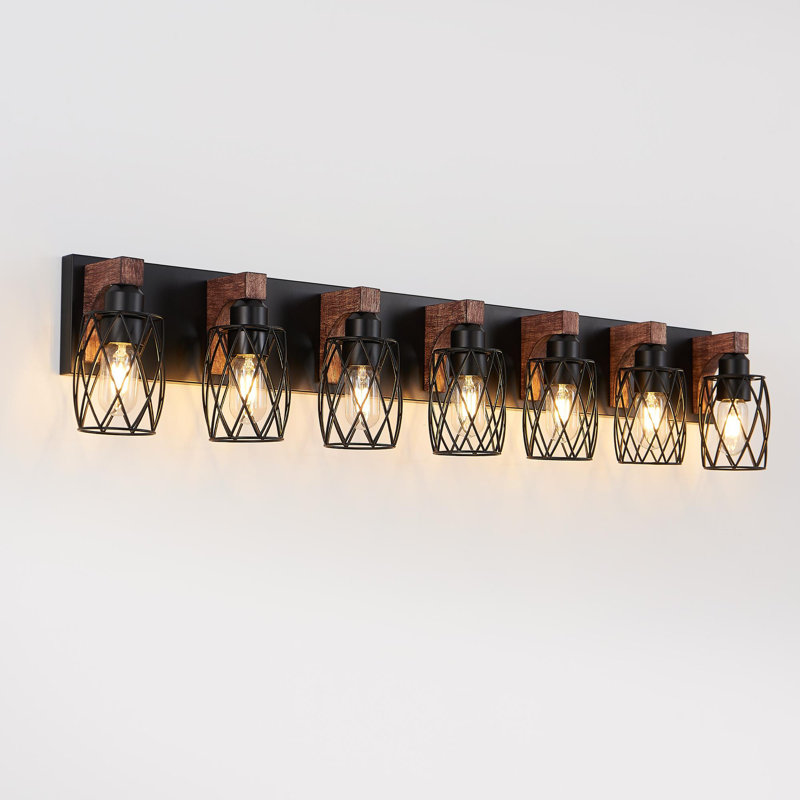 Applique murale industrielle 7 lumières Vintage - Lampe de salle de bain / couloir / salon en fer noir, Noyer, 7