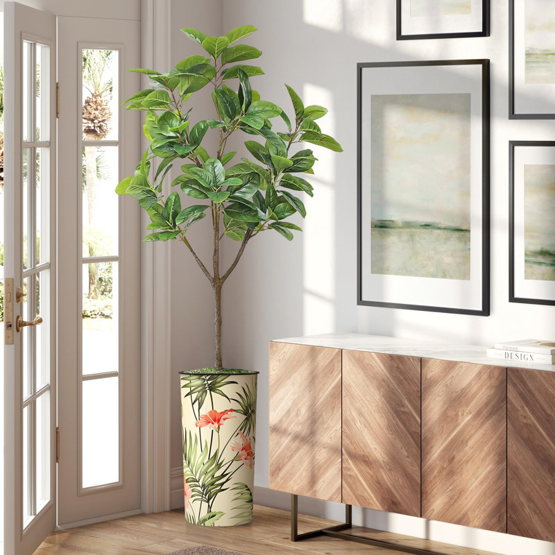 Arbre artificiel en fauve gris avec aquarelle abstraite pot de magnolia, Tropical Green