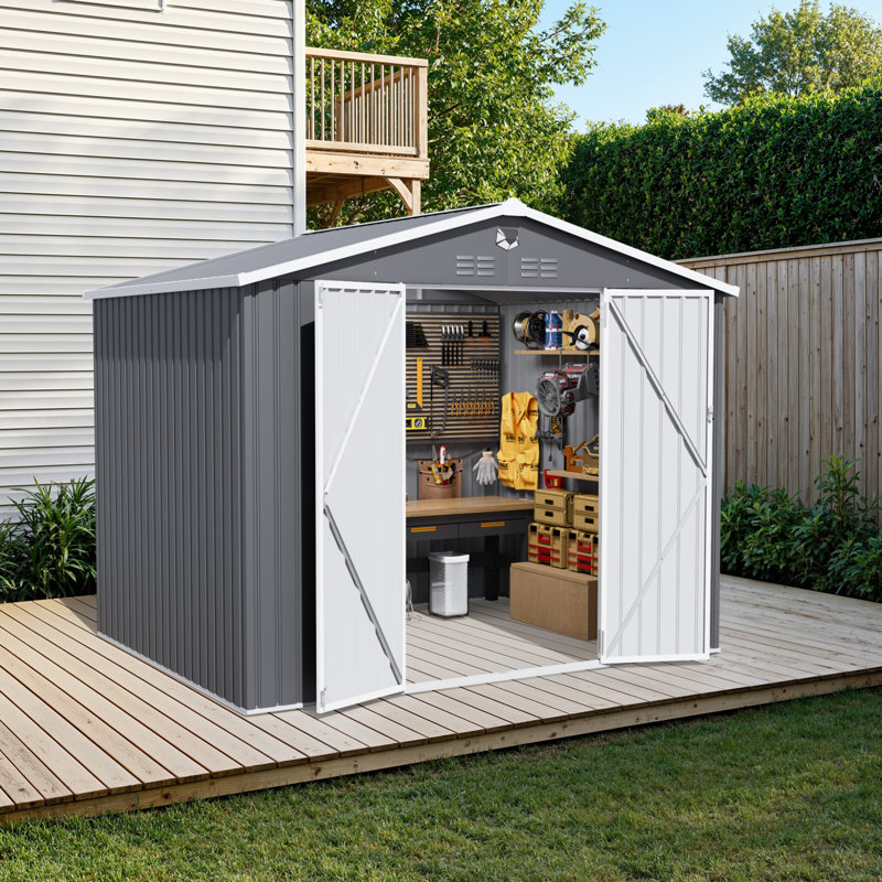 Remise de rangement pour outils en métal l 10 pi x P 8 pi avec lumières DEL et bouches d'aération, noir, 10 pi x 8 pi