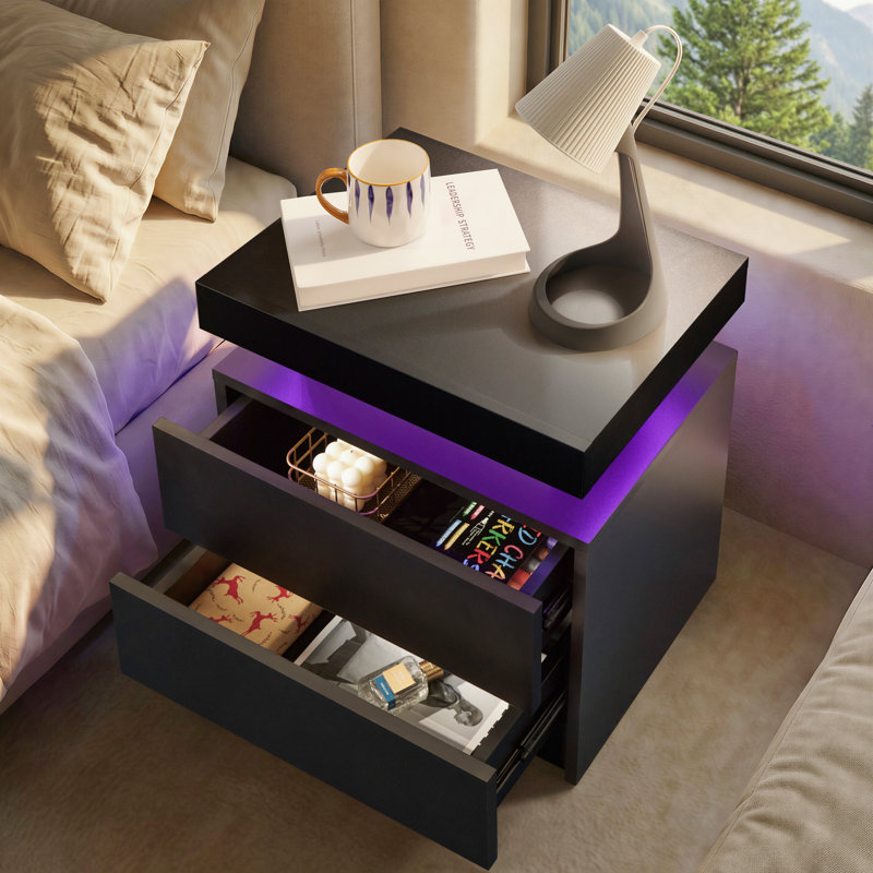 LED Nightstand with Drawers, Black