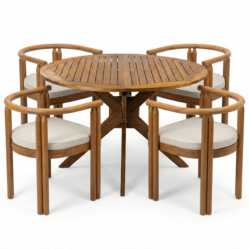 Cagnie Scandinavian Minimalist Acacia Wood Outdoor Dining Set With Cushioned Chairs And Round Slat Table