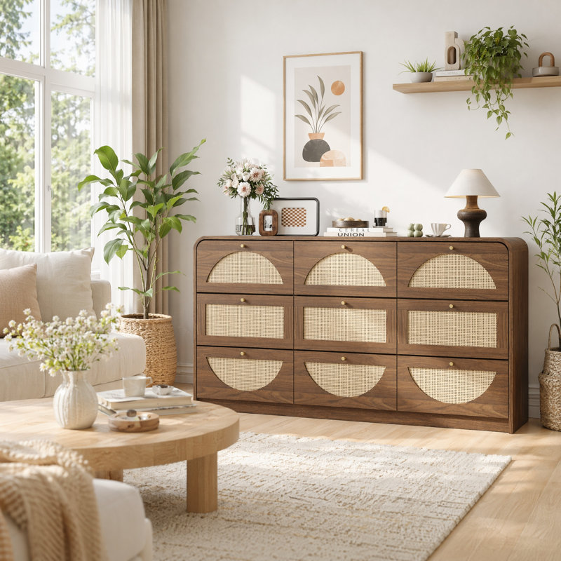 Commode 9 tiroirs avec façades en rotin tissé Rosuna, commode très large boho-moderne, Walnut