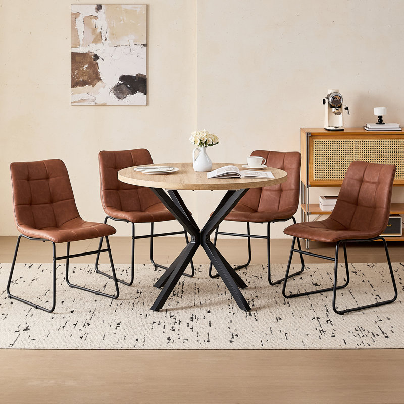 5-Piece Modern Round Dining Set, 39" Natural Wood Pattern Table with 4 Brown Faux Leather Chairs, Brown, Natural Wood Pattern