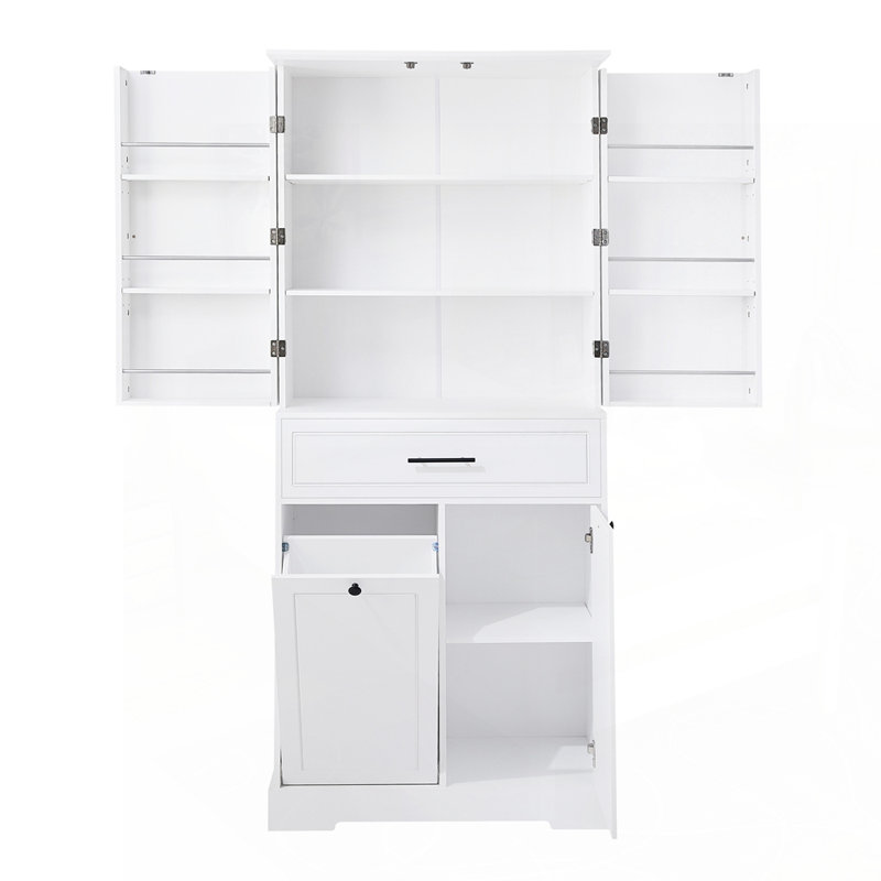 Armoire de salle de bain autoportante polyvalente avec plusieurs compartiments, Blanc