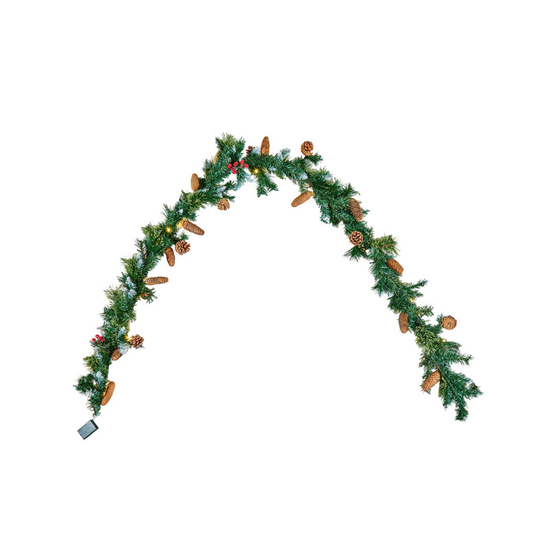 Guirlande de Noël artificielle 9 pi avec lumières DEL blanc chaud, pommes de pin et baies pour le manteau de cheminée et le décor de cheminée