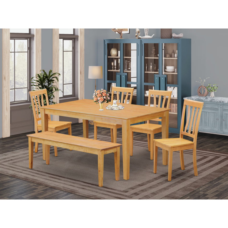 6 Piece Dining Set Contains a Rectangle Dining Room Table and 4 Kitchen Chairs with a Bench, Oak, Wooden, Oak