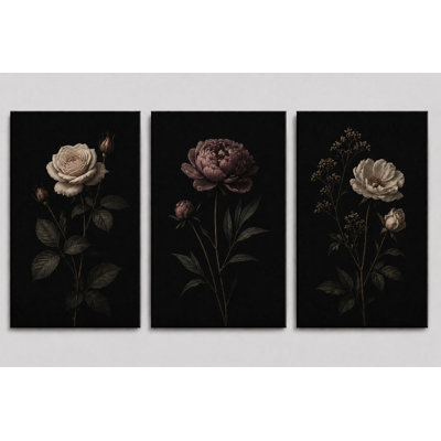 Grand ensemble de 3 impressions murales florales foncées rétro sur toile botanique rose Moody chambre salon impression sur toile 16 x 24 pouces - prête à être accrochée