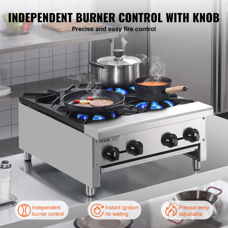 Commercial Gas Stove with 4 Burners, Propane and Natural Gas Countertop Cooking Stove Range, Stainless Steel Gas Hot Plate, Commercial Cooking Equipment for Restaurant, 112,000 BTU