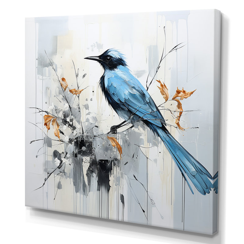 Oiseau bleu fleurs minimalisme sur toile, H 24 po x l 24 po x P 1 po