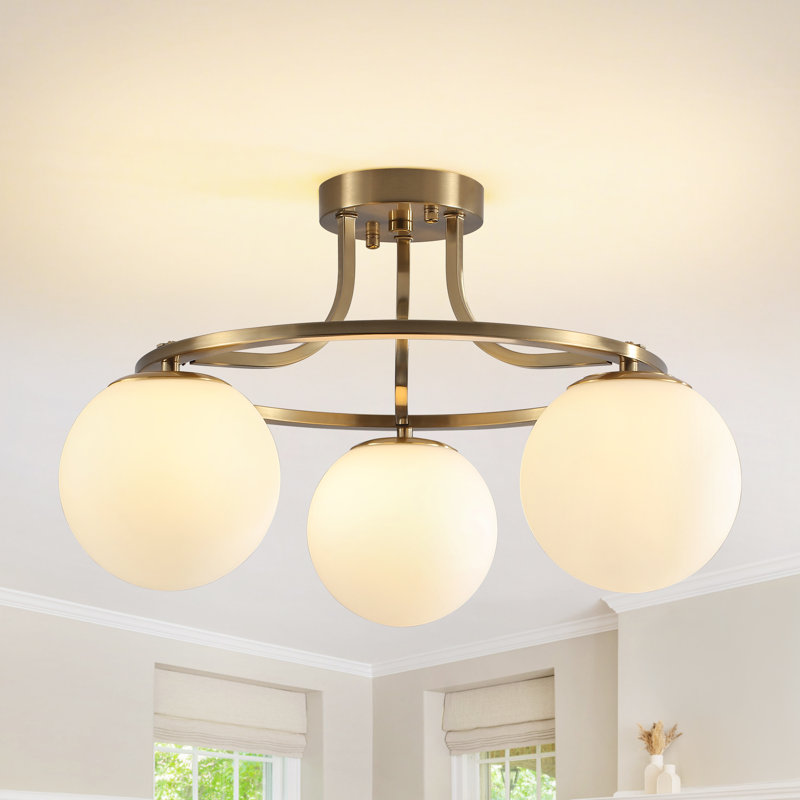 3- Lights 20.08'' Modern Black/Brass Iron Glass Cover Globe Semi Flush Mount Lighting For Bathroom/Hallway/Entryway, Laiton