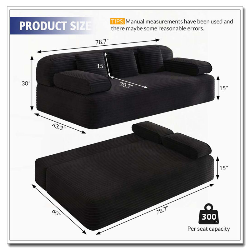 Canapé-lit sans cadre 78,7 po, convertible 2 en 1 avec 3 coussins, Noir