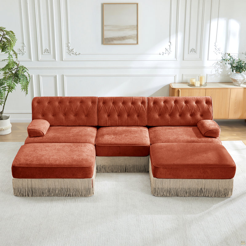 Canapé Chesterfield en U, H 34,2 po x l 106,1 po x P 60,3 po, Rouge / Brun