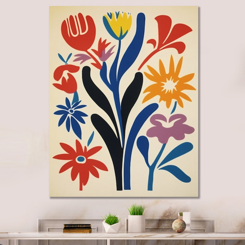 Fleurs abstraites rétro en bleu jaune noir sur toile, H 20 po x l 12 po x P 1 po, Toile tendue