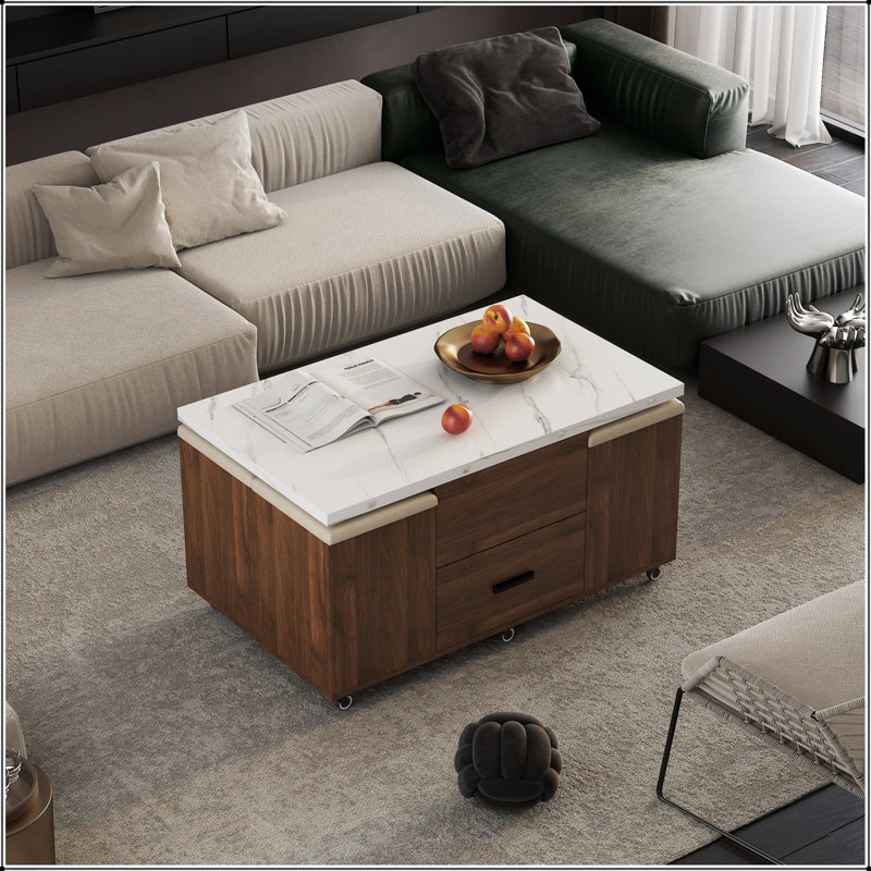 Table basse relevable moderne avec 4 tabourets, table de salle à manger extensible, rangement caché et 2 tiroirs pour un salon peu encombrant