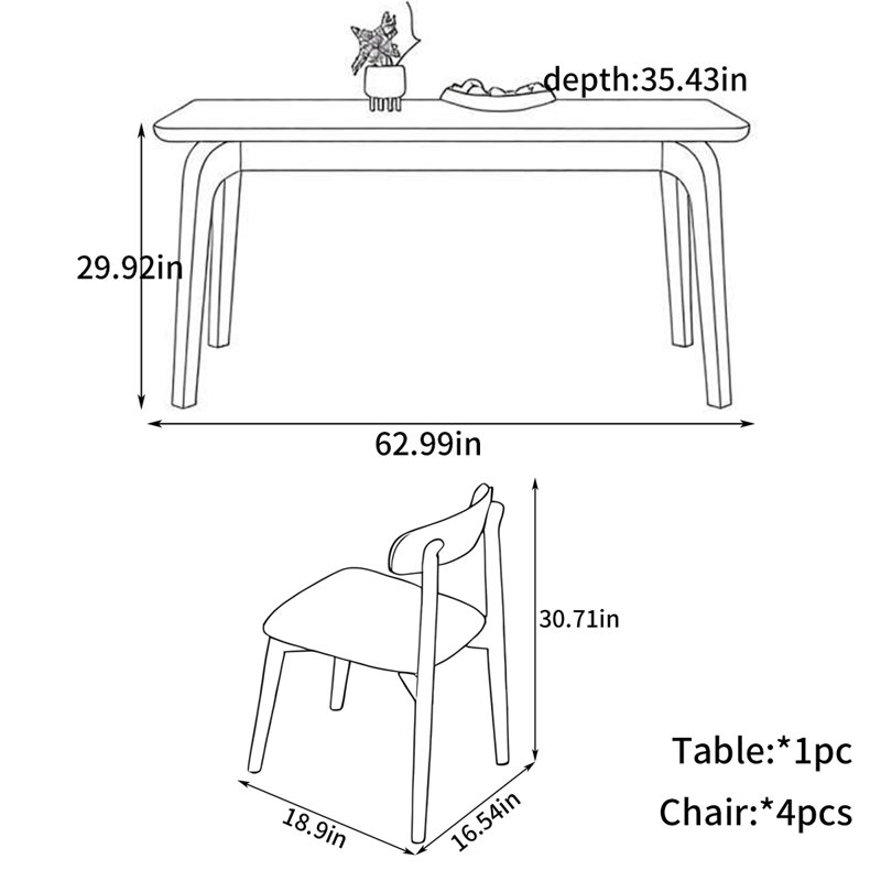 Simple Nordic rectangular dining table, 29.92"H x 62.99"L x 35.43"W, 5 Pieces: Table, 4 Chairs