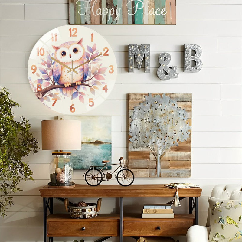 Horloge murale mignonne de style hibou - couleurs pastel 12 po