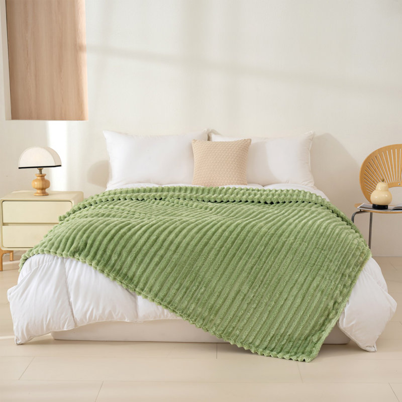 Striped Plush Lightweight Throw Blanket, Ultra Soft & Cozy for Sofa Couch Bed, Machine Washable, 200cm x 230cm, Green