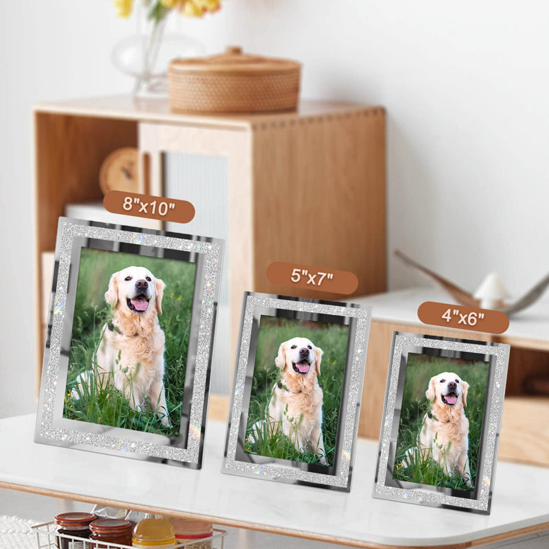 8X10 Picture Frames Set Of 2, Glitter Photo Frame For Tabletop, Silver Glass Picture Frame, Graduation Gifts For Her, Horizontally Or Vertically