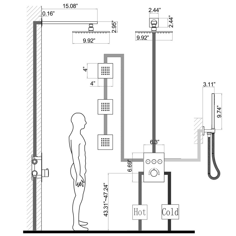 10" Wall Mounted Thermostatic Shower System With Handheld Spray And Body Jets, Brushed Nickel