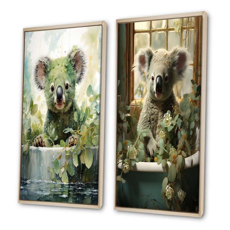 «Bathroom Curious Koala Bathtime», ensemble d'art mural sur toile 2 pièces, H 28 po x l 25 po, Encadrement brun