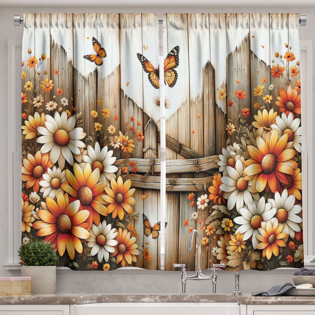Ambesonne Rustic Kitchen Curtain Farmhouse Summer Chamomiles Orange Sepia and Off White (Set of 2) Ambesonne