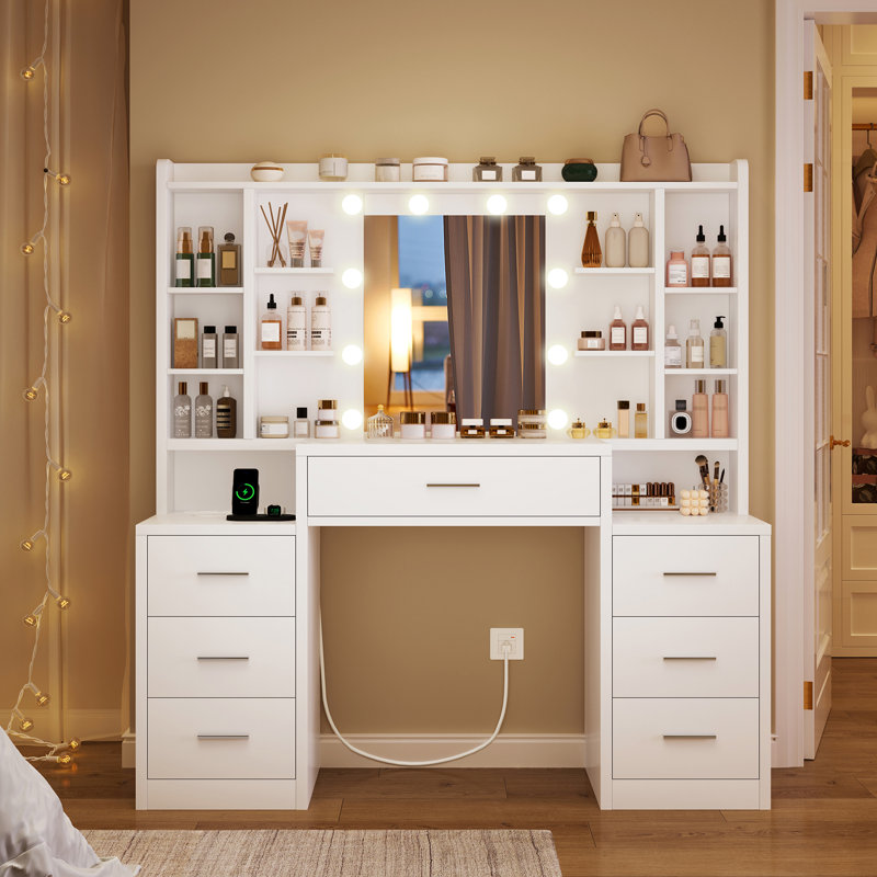 Coiffeuse de maquillage avec miroir à DEL, bureau de coiffeuse avec 7 tiroirs et 8 tablettes de rangement, pour la chambre à coucher