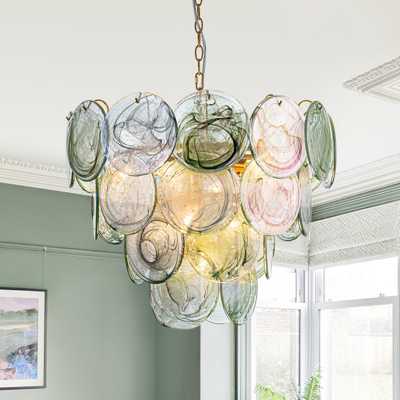 Artisan Handmade 9 - Light Colored Swirled Cloud Glass Tiered Chandelier, Green/Pink