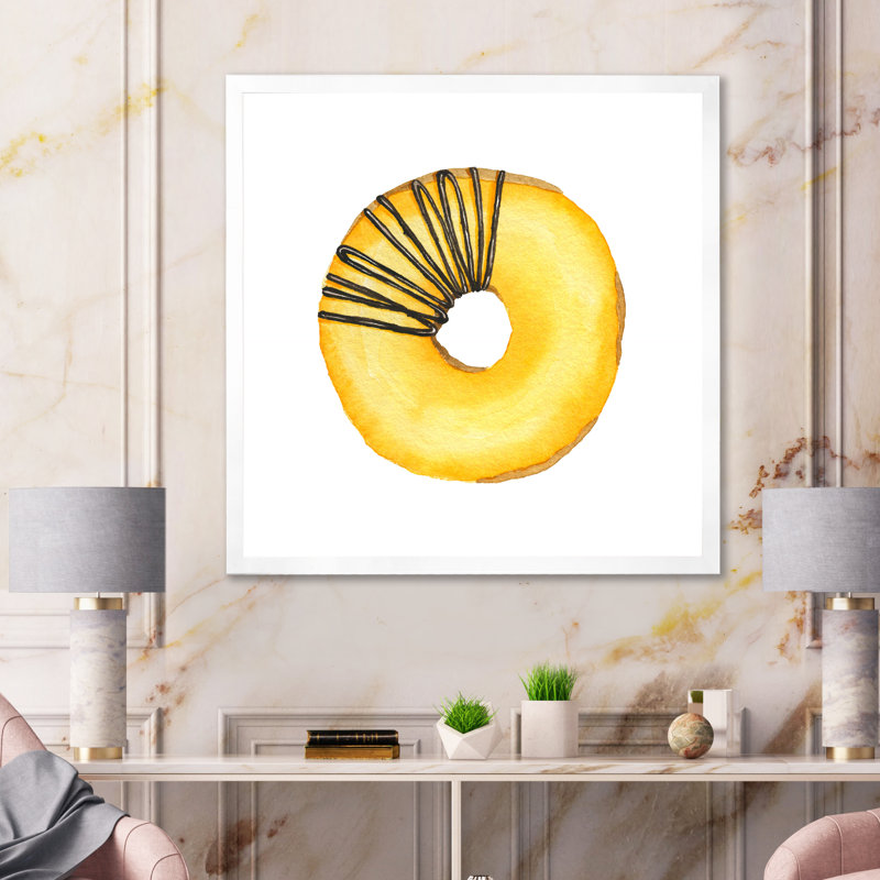 Donut jaune avec chocolat - peinture sur toile, H 31,5 po x l 31,5 po x P 1 po, Cadre blanc