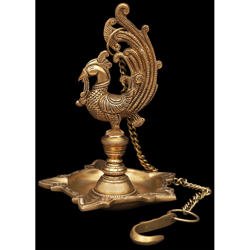10" Handcrafted Brass Peacock Oil Lamp – Traditional Five-Wick Diya Stand