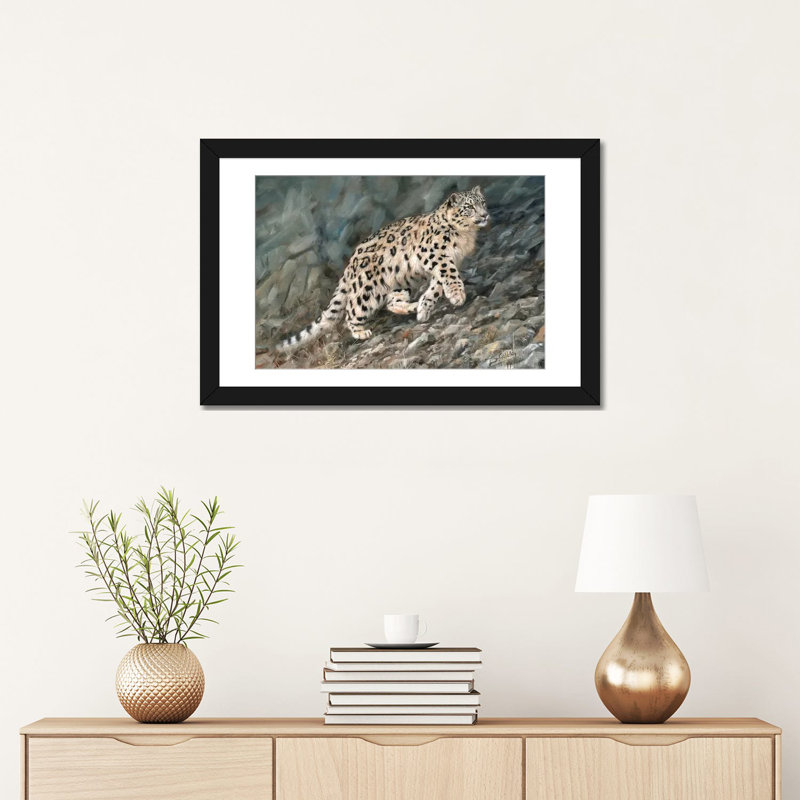 « snow leopard jambage », reproduction d’impression sur toile, H 24 po x l 32 po x P 1 po, Papier d'art encadré noir, Blanc