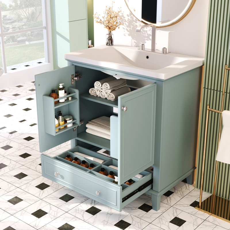 Meuble-lavabo 30 po avec lavabo, meuble multifonctionnel avec portes et tiroir, meuble-lavabo, Vert / Argent