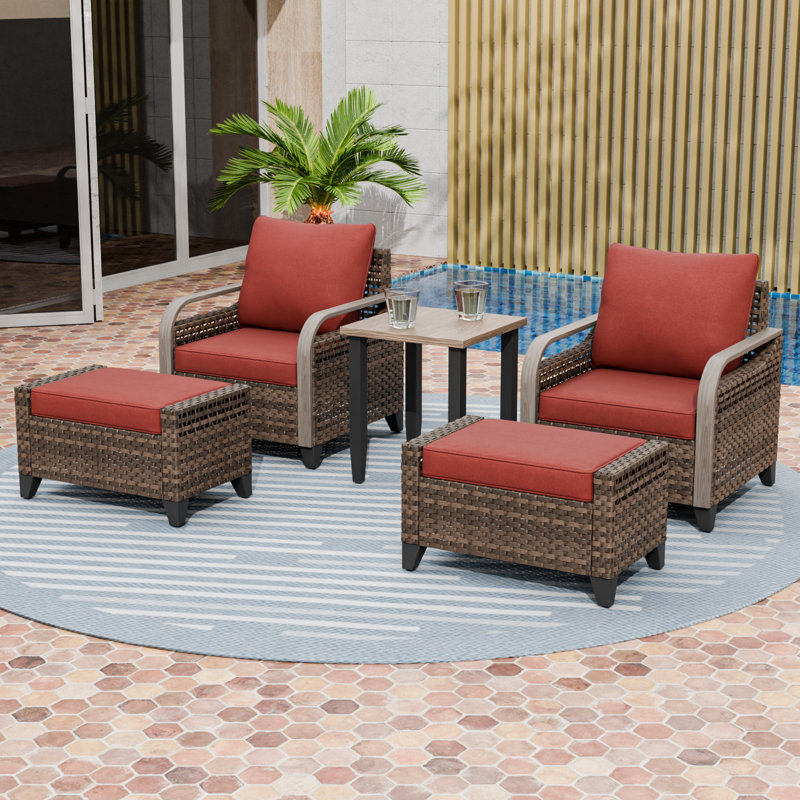  Ensemble de conversation d'extérieur avec repose-pieds en osier brun et grain de bois, Rouge, Oui
