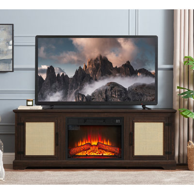 Armoire à porte en rotin naturel avec tablette réglable en bois, console en rotin Farmhouse pour téléviseur de 70 po ou moins, meuble télé avec foyer encastré de 23 po, l 65 po x P 15,55 po x H 23,86 po, espresso