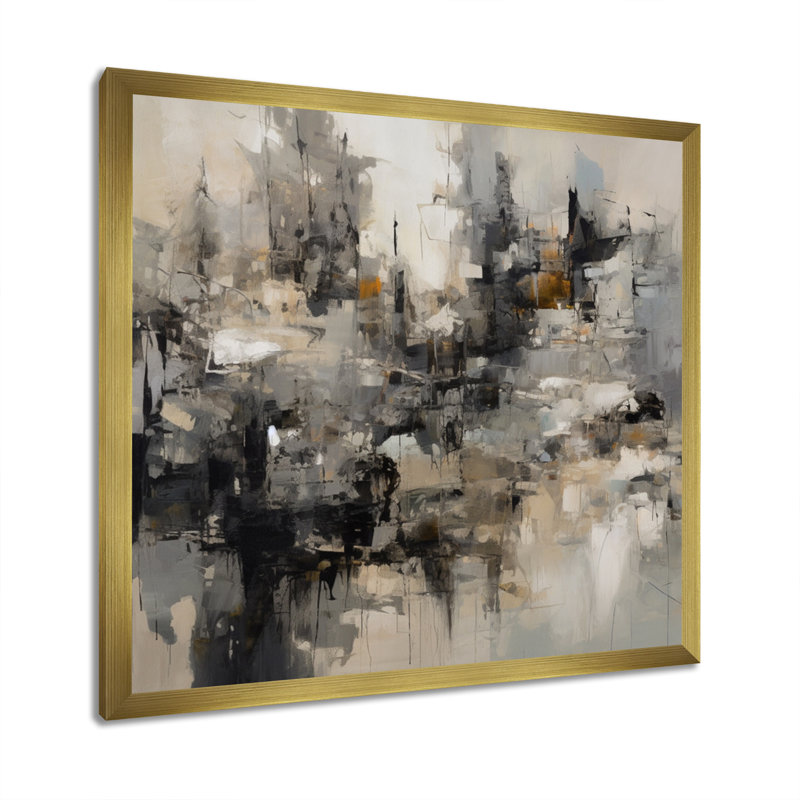 «Grey Black Inner Worlds of Marble I», reproduction d'art sur toile encadrée géométrique abstraite, Cadre flottant doré