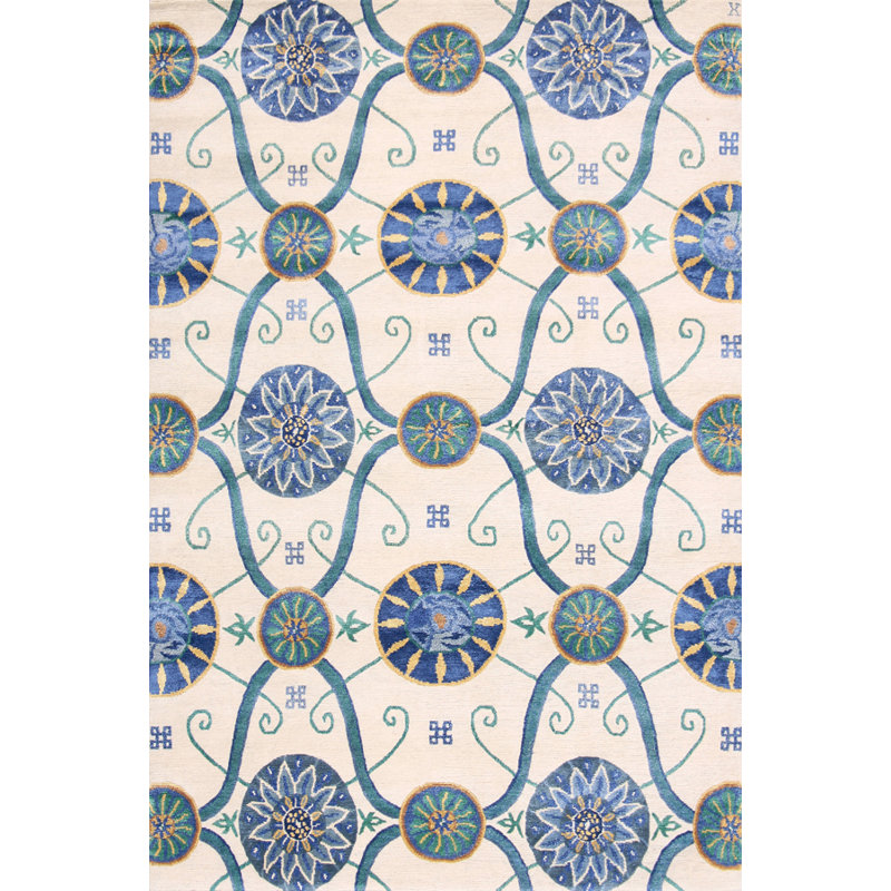 Josephine Geometric Area Rug in Blue/Ivory/Green, Runner 3' x 6'