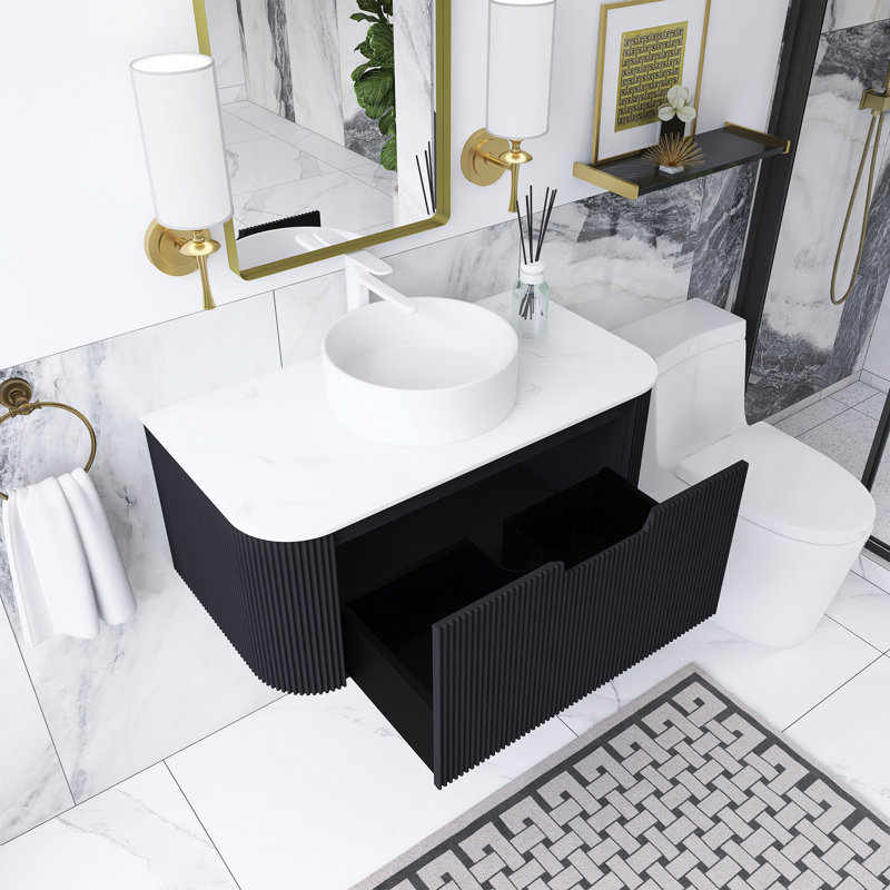 36 po W Meuble-lavabo mural simple noir avec lavabo blanc