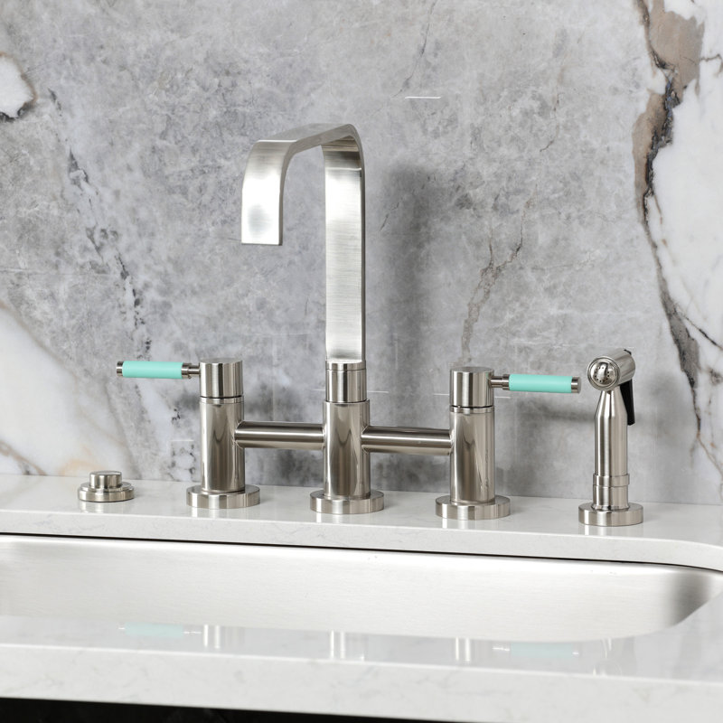 Kingston Brass Kaiser Two-Handle 4-Hole Deck Mount Bridge Kitchen Faucet with Brass Side Sprayer, Brushed Nickel