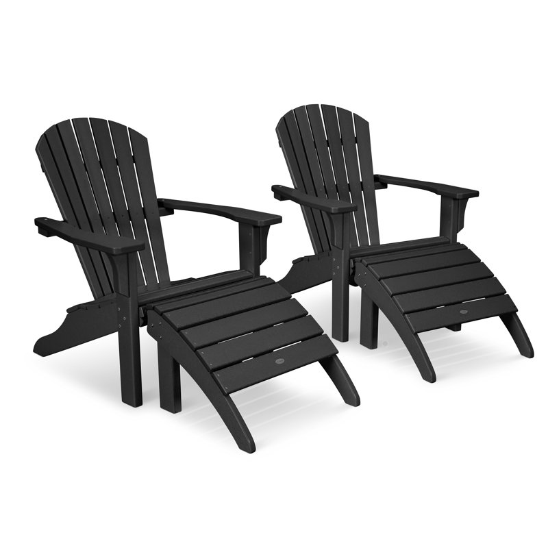 POLYWOOD Seashell Adirondack Set with Ottomans, Black