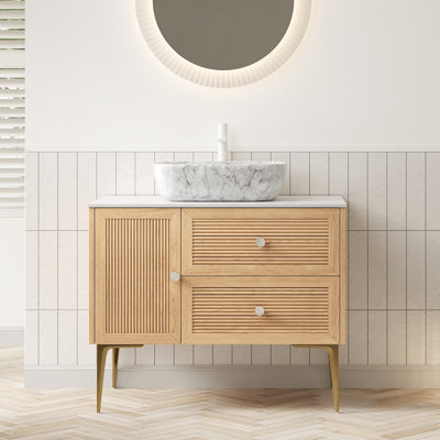 Meuble-lavabo autoportant de 36 po, plateau en pierre frittée blanche, chêne, 1 porte et 2 tiroirs, lavabo en céramique de haute qualité