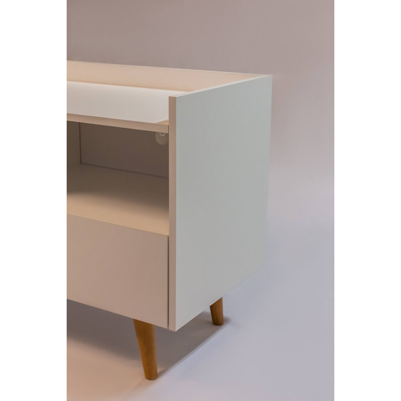 Meuble télé moderne pour téléviseurs jusqu'à 45 pouces, centre multimédia avec porte, tiroir, tablette ouverte et système de gestion des câbles, blanc