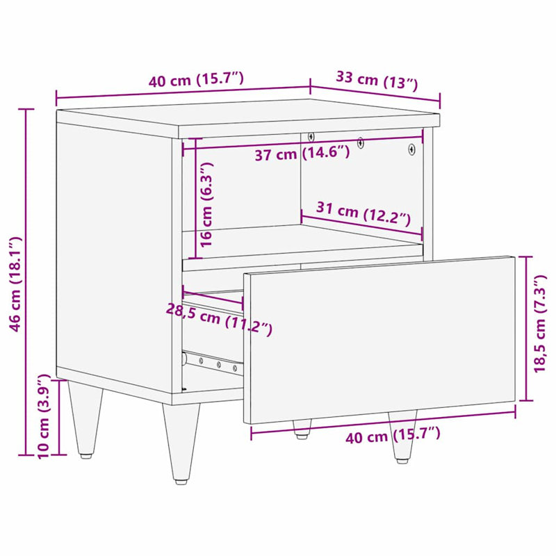 40cm W Solid Wood Bedside Table