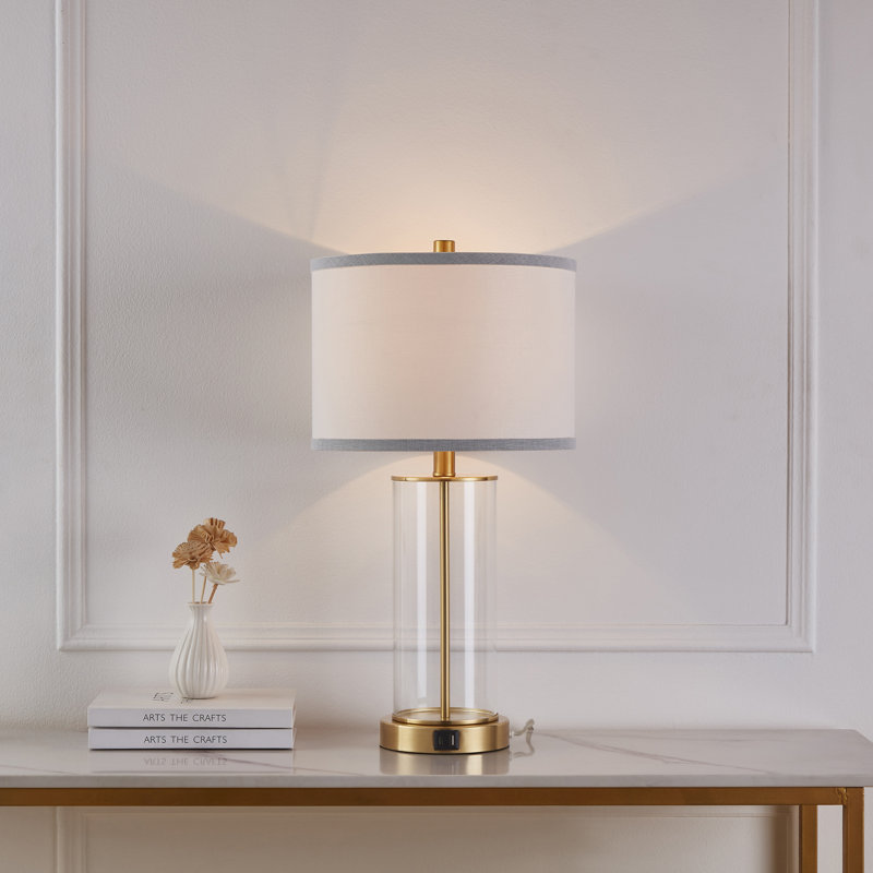 Quinita 23"  Glass Table Lamp Set with Touch Control,  LED Bulbs, USB Ports, Antiqued Brass