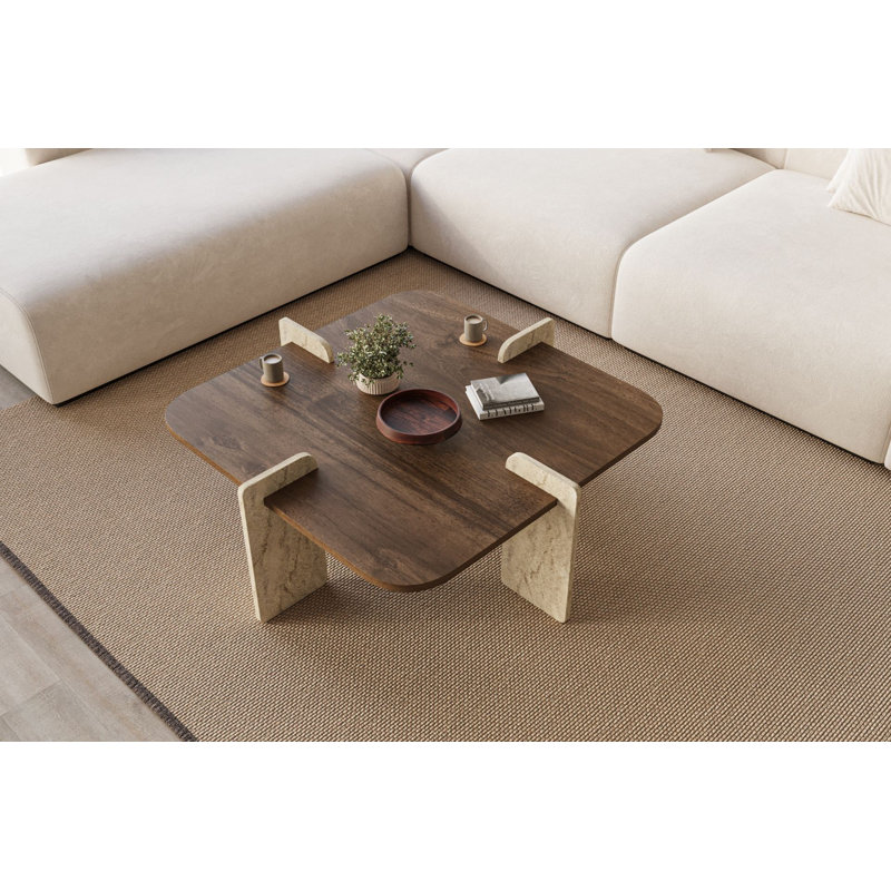 Table basse carrée en travertin et noyer, Beige, Travertin noyer