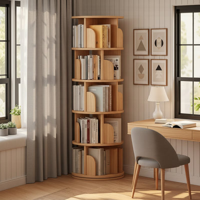 5 Tier 360° Rotating Bookshelf Tower - Space-Saving Round Spinning Display Shelf for Bedroom/Living Room/Office/Home