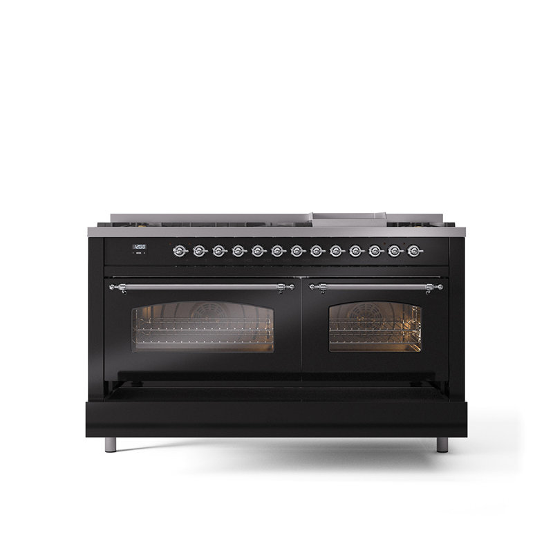 ILVE Nostalgie II 60 Dual Fuel Range, 9 Burners, Griddle, Liquid Propane, Glossy Black/Chrome