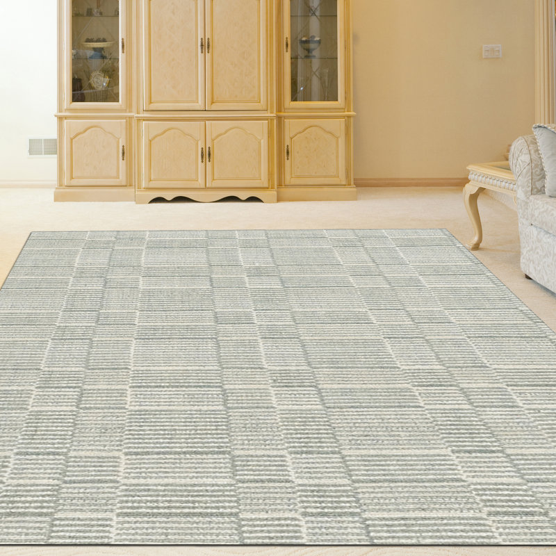 Tapis vert en laine noué à la main à motif géométrique Ender, Rectangle de 10 pi x 14 pi