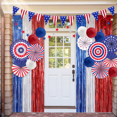 4Th Of July Decorations Patriotic Decor American Flag Red White Blue Paper Fans Independence Day Star Streamer, Foil Fringe Curtain, Pom Poms, USA Pennant Bunting Party Decor Supplies