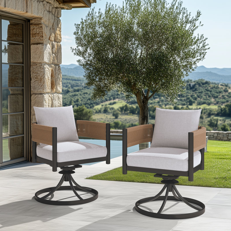 Fauteuil de salle à manger pivotant en osier Maine, Cadre noir et osier naturel, Tissu blanc