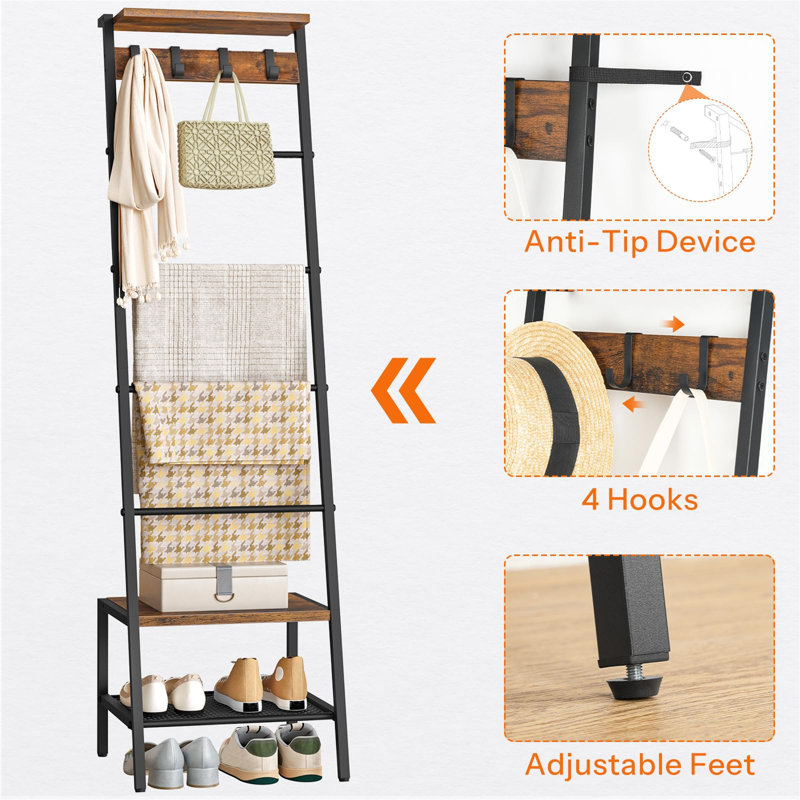 Blanket Ladder, Towel Rack For Living Room And Bedroom, Decorative Ladder Shelf With Hooks, Metal Frame, Giraffe Shape, Industrial Style, Rustic Brown And Black
